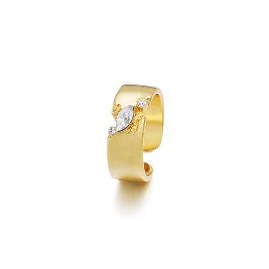 Elevate your style with the enchanting 'Childhood Dreams Open C Gold Ring,' featuring a broken yet creatively connected band crafted from yellow gold plated brass. The unique design showcases a bold arrangement of stones, symbolizing the enduring power of childhood dreams. The open C shape signifies boundless imagination, making this ring a truly distinctive accessory that seamlessly blends nostalgia with contemporary style. 